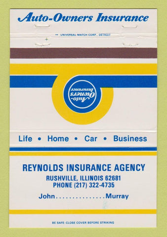 Matchbook Cover - Reynolds Insurance Agency Rushville IL CREASED 40 Strike