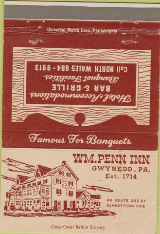 Matchbook Cover - Wm Penn Inn Hotel  Gwynedd PA 40 Strike
