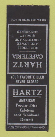 Matchbook Cover - Hartz Cafeteria Detroit MI SAMPLE