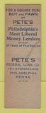 Matchbook Cover - Pete's Federal Loan Jewelry Philadelphia PA SAMPLE