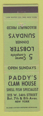 Matchbook Cover - Paddy's Clam House New York City