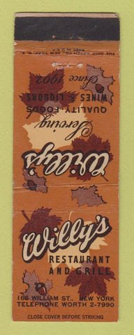 Matchbook Cover - Willy's Restaurant Grill New York City