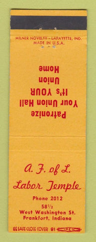 Matchbook Cover - AF of L Labor Temple Frankfort IN