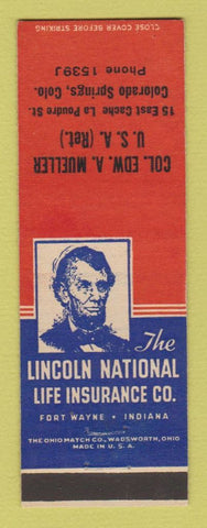Matchbook Cover - Lincoln Life Insurance Col. Edw Mueller Colorado Springs
