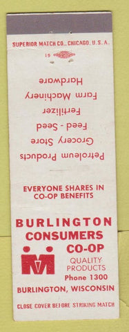 Matchbook Cover - Burlington Consumers COOP Burlington WI oil gas feed seed