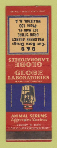Matchbook Cover - Globe Labs Animal Serums Walgreens Drug Store Williston ND