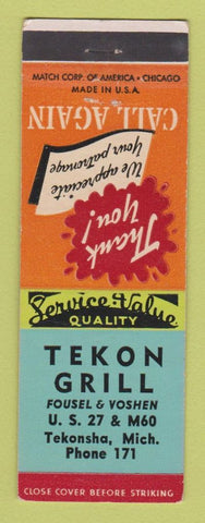 Matchbook Cover - Tekon Grill Tekonsha MI