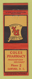 Matchbook Cover - Coles Pharmacy Drug Store Sanford NC
