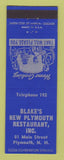 Matchbook Cover - Blake's New Plymouth Restaurant Plymouth NH