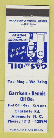 Matchbook Cover - Garrison dennis oil gas Albemarle NC