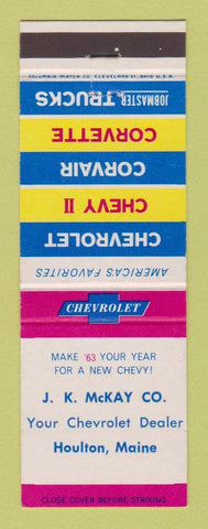 Matchbook Cover - 1963 Chevrolet JK McKay Houlton ME