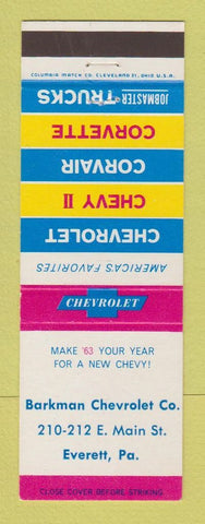 Matchbook Cover - 1963 Chevrolet Barkman Everett PA