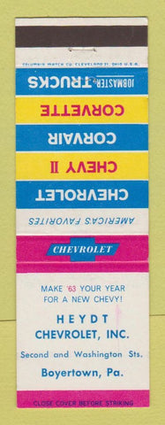 Matchbook Cover - 1963 Chevrolet Heydt Boyertown PA