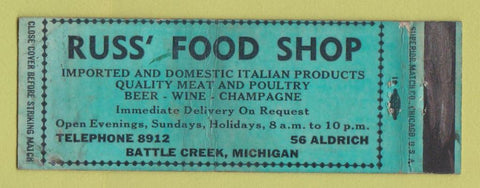 Matchbook Cover - Russ Food Shop Battle Creek MI WORN Full Length