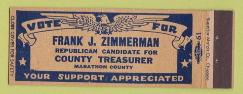 Matchbook Cover - Frank J Zimmerman County Treasurer Marathon County Antigo WI