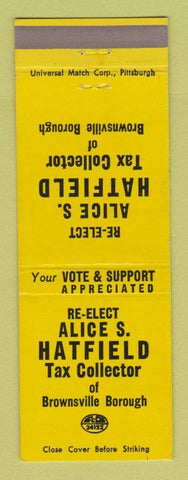 Matchbook Cover - Alice Hatfield Tax Collector Brownsville PA