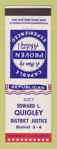 Matchbook Cover - Edward L Quigley District Justice Election Republican