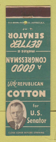 Matchbook Cover - Norris Cotton for US Senator Election NH New Hampshire WEAR