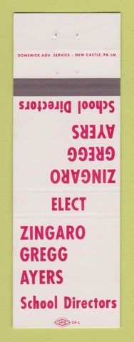 Matchbook Cover - Zingaro Gregg Ayers School Directors Election New Castle PA