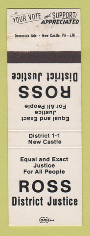 Matchbook Cover - Ross for District Justice New Castle PA