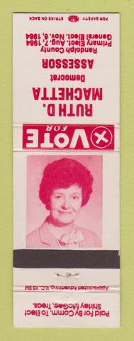 Matchbook Cover - Ruth Machetta Assessor Election 1984 Randolph County