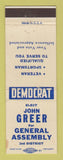 Matchbook Cover - John Greer for General Assembly Election WEAR