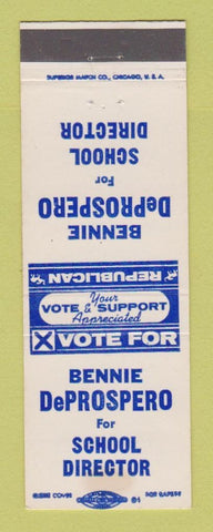 Matchbook Cover - Bennie DeProspero School Director Election New Castle PA