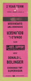 Matchbook Cover - Donald L Blinger Shenango Township Supervisor Election PA WEAR