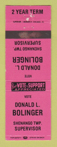 Matchbook Cover - Donald L Blinger Shenango Township Supervisor Election PA WEAR