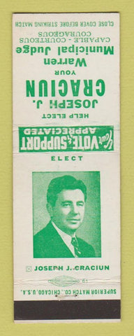 Matchbook Cover - Joseph Craciun Warren Municipal Judge Election OH?
