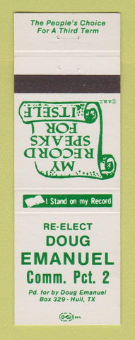 Matchbook Cover - Doug Emanuel Commissioner Election Hull TX