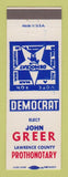 Matchbook Cover - John Greer Prothonotary Lawrence County Election PA