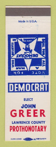 Matchbook Cover - John Greer Prothonotary Lawrence County Election PA