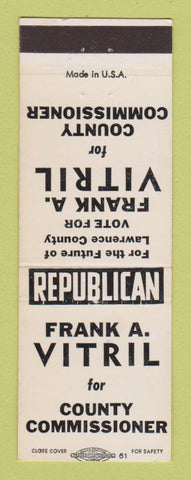 Matchbook Cover - Frank Vitril County Commissioner Election Lawrence County PA