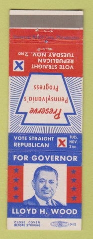 Matchbook Cover - Lloyd Wood For Governor Election PA Pennsylvania