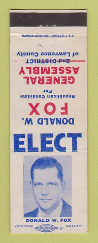 Matchbook Cover - Donald Fox General Assembly Election Lawrence County