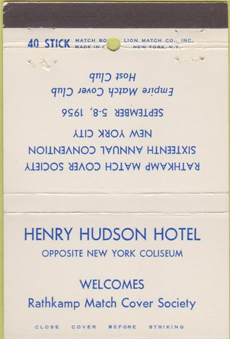 Matchbook Cover - Henry Hudson Hotel RMCS 1956 New York NY 40 Strike