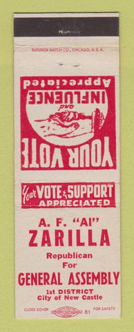 Matchbook Cover - AF Zarilla General Assembly Election New Castle PA