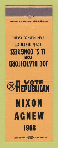 Matchbook Cover - Richard Nixon Agnew for President 1968 San Pedro CA ORANGE