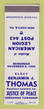 Matchbook Cover - Benjamin Thomas Justice Peace Election Shenango Township PA
