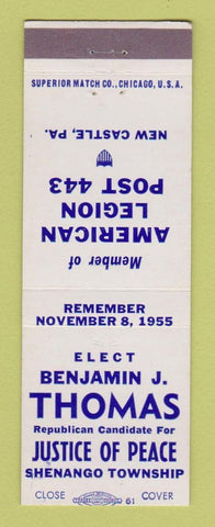 Matchbook Cover - Benjamin Thomas Justice Peace Election Shenango Township PA
