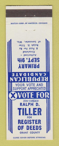 Matchbook Cover - Ralph Tiller Register of Deeds Grant County Lancaster WI