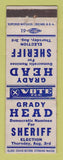 Matchbook Cover - Grady Head for Sheriff Election  WORN