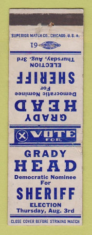 Matchbook Cover - Grady Head for Sheriff Election  WORN