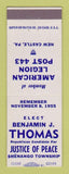 Matchbook Cover - Benjamin Thomas Justice Peace Election Shenango Township PA