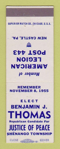 Matchbook Cover - Benjamin Thomas Justice Peace Election Shenango Township PA