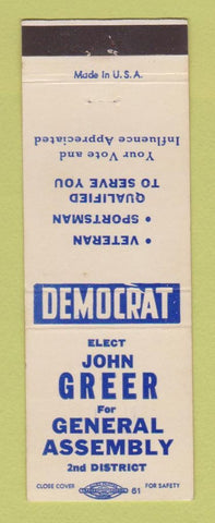 Matchbook Cover - John Greer for General Assembly Election