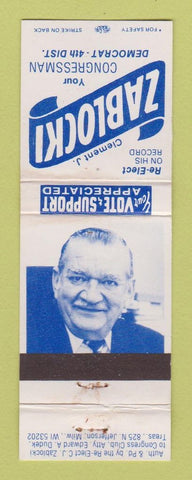 Matchbook Cover - Clement Zablocki Congress Election WI Wisconsin