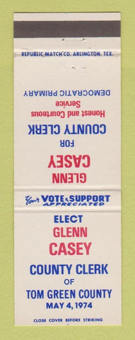 Matchbook Cover - Glenn Casey County Clerk Tom Green County 1974 TX