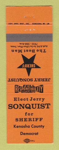 Matchbook Cover - Jerry Sonquist Sheriff Election Kenosha County WI